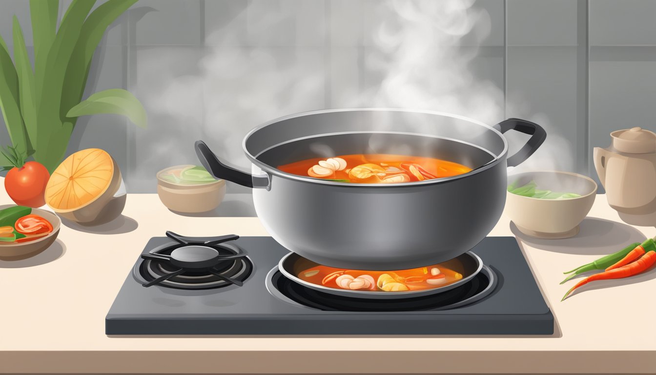 A steaming bowl of tom yum soup sits on a stove, being gently reheated over a low flame. The fragrant aroma wafts through the kitchen