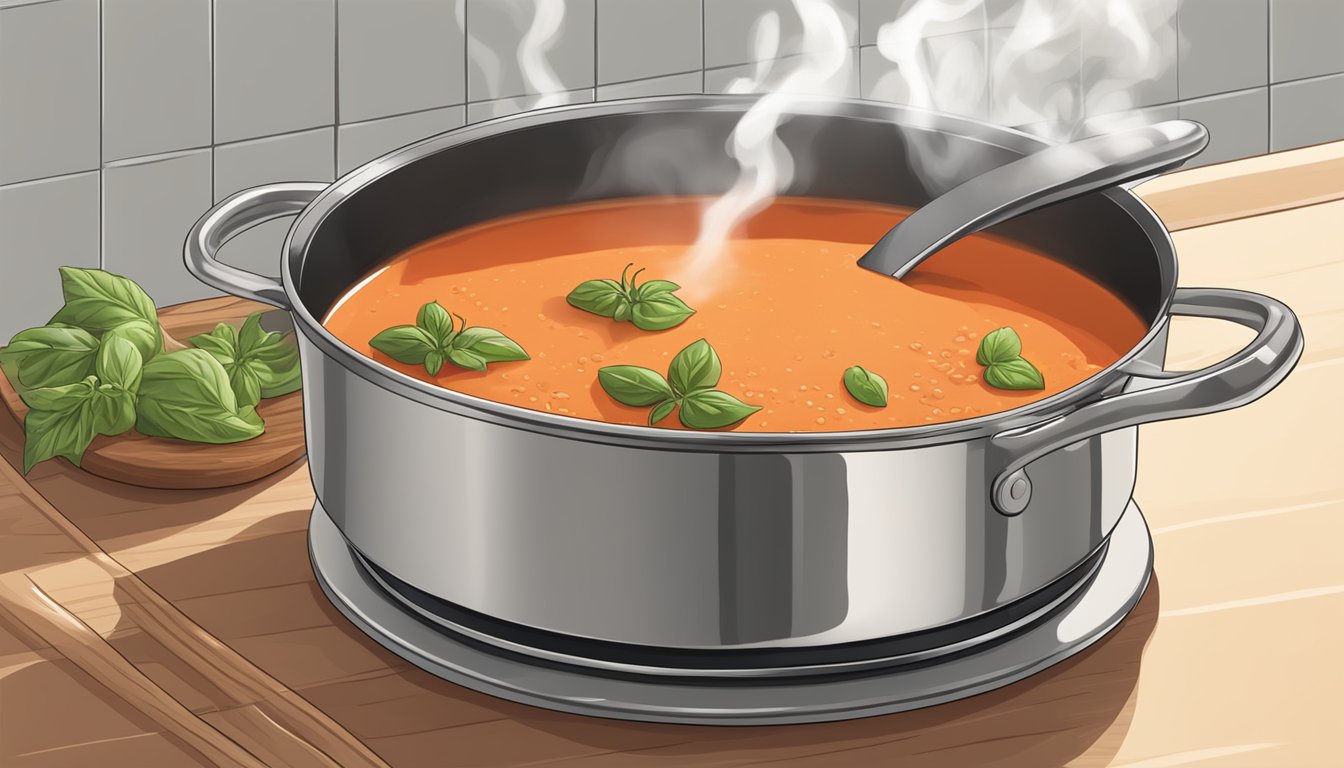 A pot of tomato bisque simmering on a stovetop, with a ladle resting beside it and steam rising from the surface