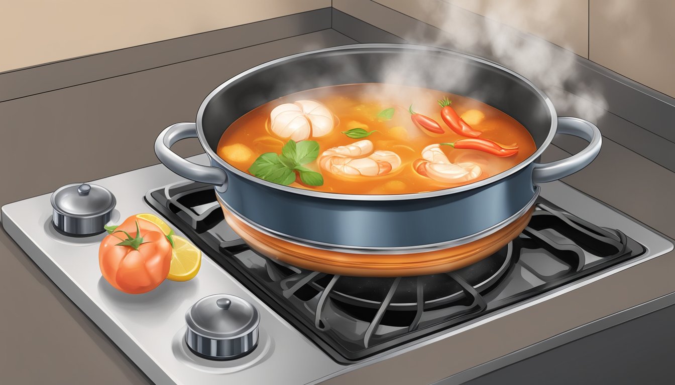 A pot of tom yum soup being reheated on a stovetop, steam rising from the bubbling liquid