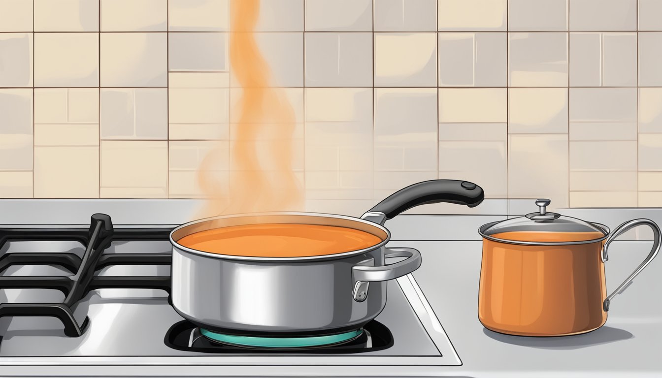 A pot of tomato bisque sits on a stovetop, steam rising as it simmers gently. A ladle rests on the edge of the pot