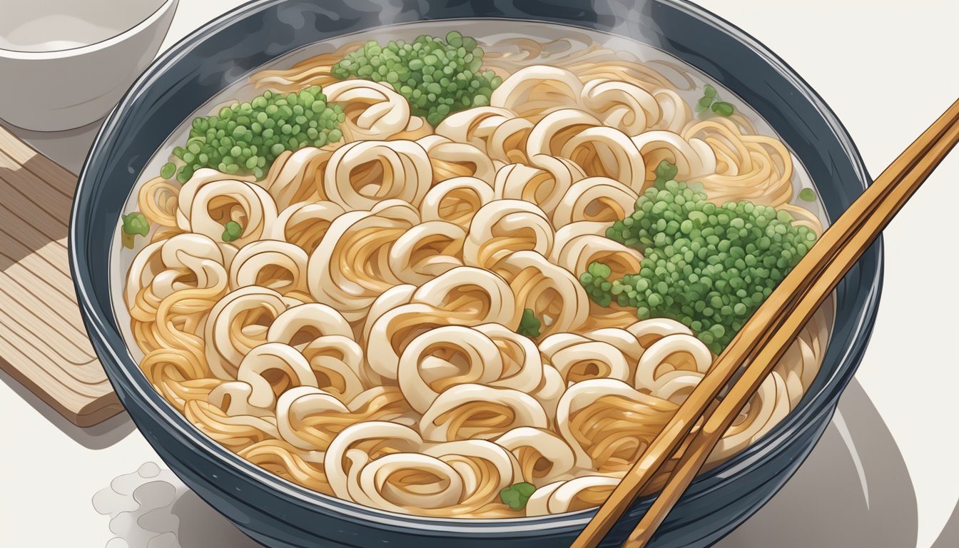 A bowl of udon noodles being gently reheated in steaming water