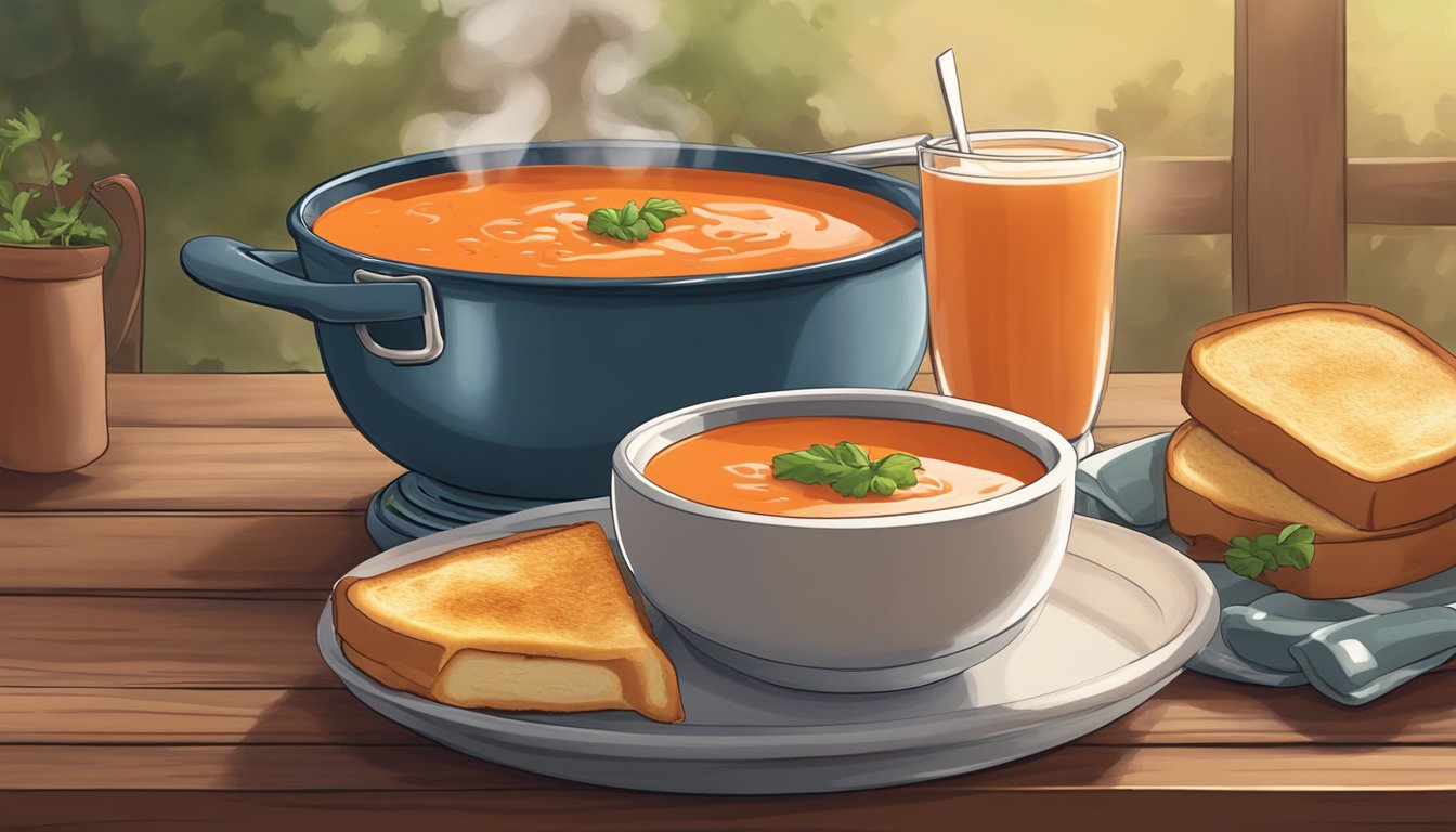 A steaming bowl of tomato bisque sits beside a grilled cheese sandwich on a rustic wooden table, with a pot of soup and a skillet nearby