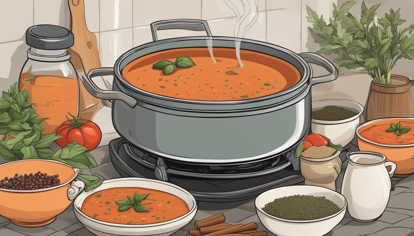 A steaming pot of tomato bisque sits on a stove, surrounded by an array of spices and herbs. Nearby, various bowls and serving utensils are laid out, ready for customization and variations