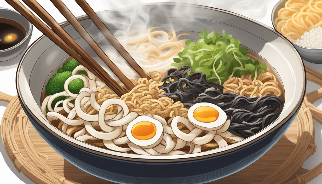 A steaming bowl of reheated udon noodles, surrounded by aromatic steam and flavor-enhancing ingredients such as soy sauce and sesame oil