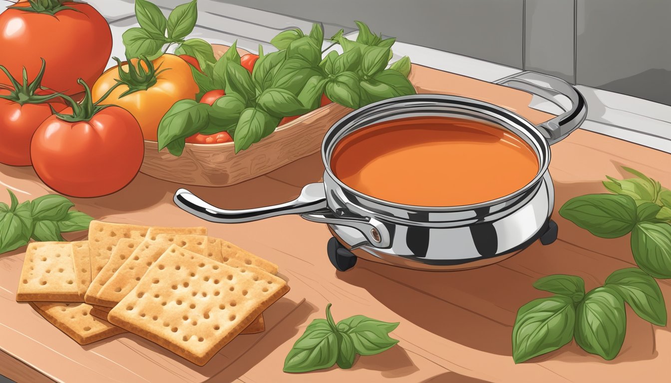 A pot of tomato bisque simmering on a stovetop, surrounded by fresh tomatoes, basil, and a bowl of crackers