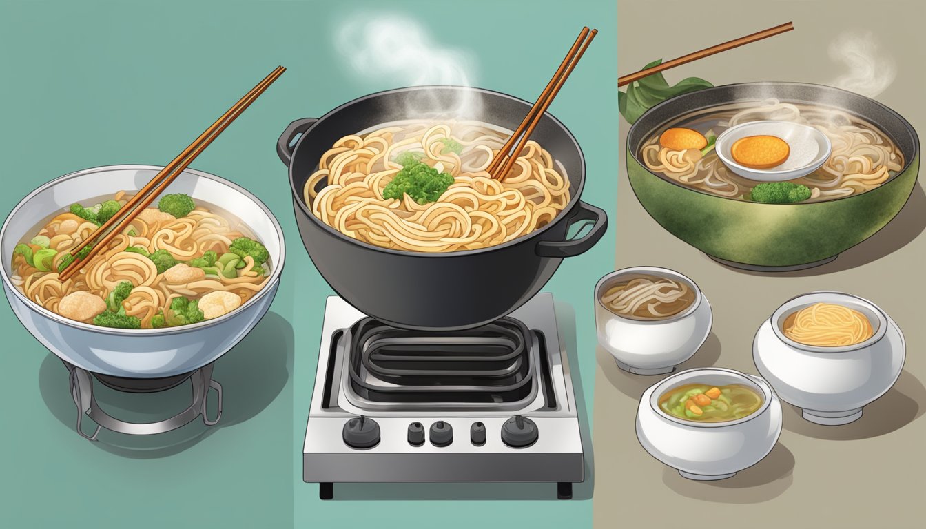 Udon noodles being reheated in a steaming pot, a sizzling wok, and a bubbling bowl of broth