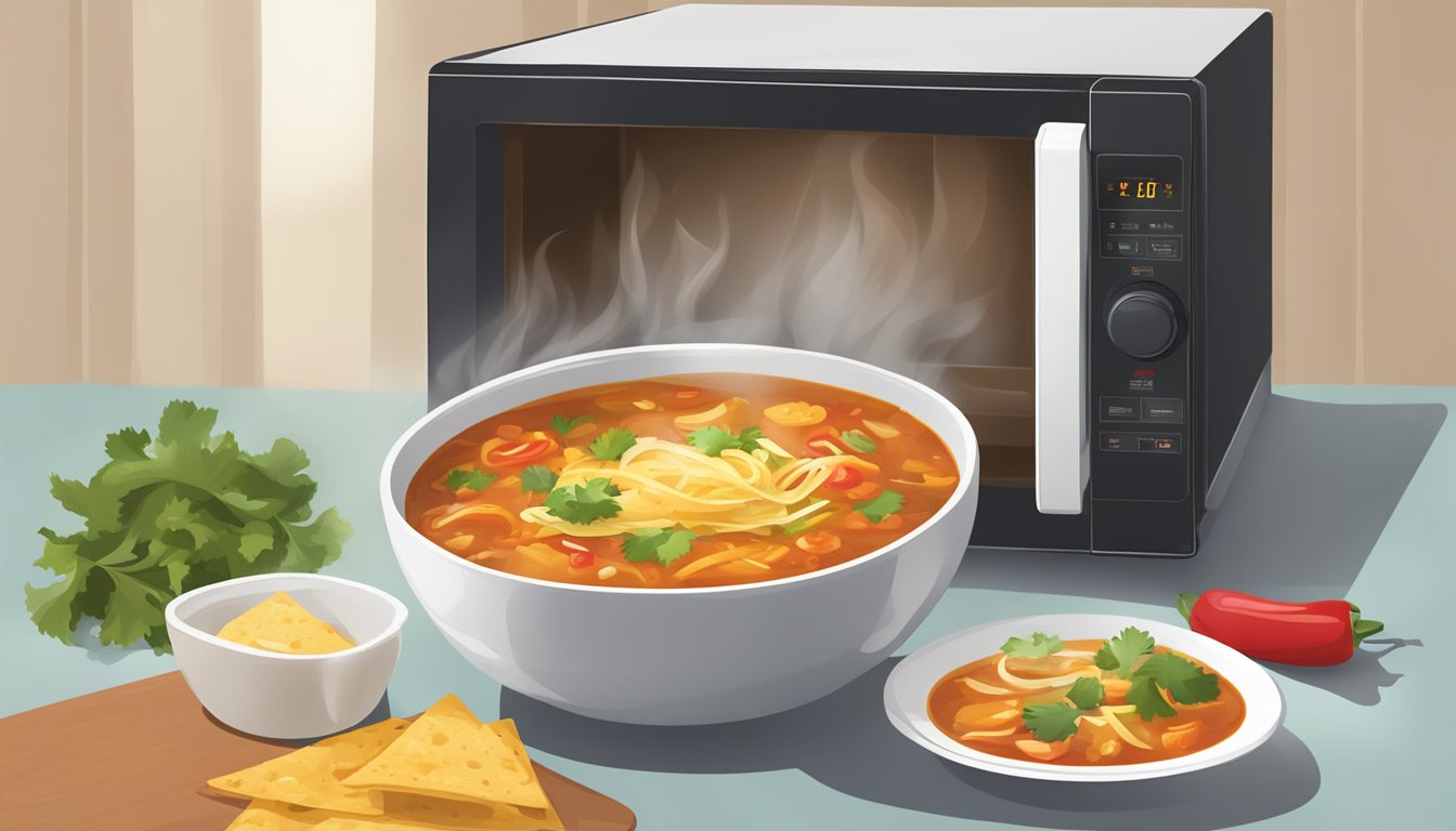 A bowl of tortilla soup being reheated in a microwave