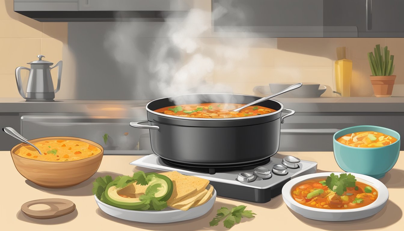 A steaming bowl of tortilla soup sits on a stovetop, surrounded by various reheating methods such as microwave, stovetop, and oven