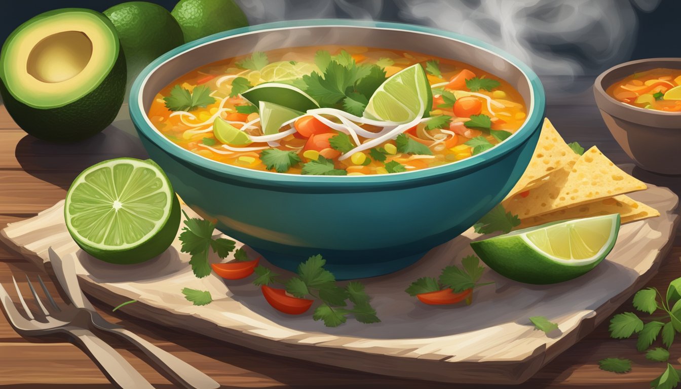 A steaming bowl of tortilla soup sits on a rustic wooden table, surrounded by vibrant ingredients like avocado, cilantro, and lime. Wisps of steam rise from the bowl, adding to the inviting atmosphere