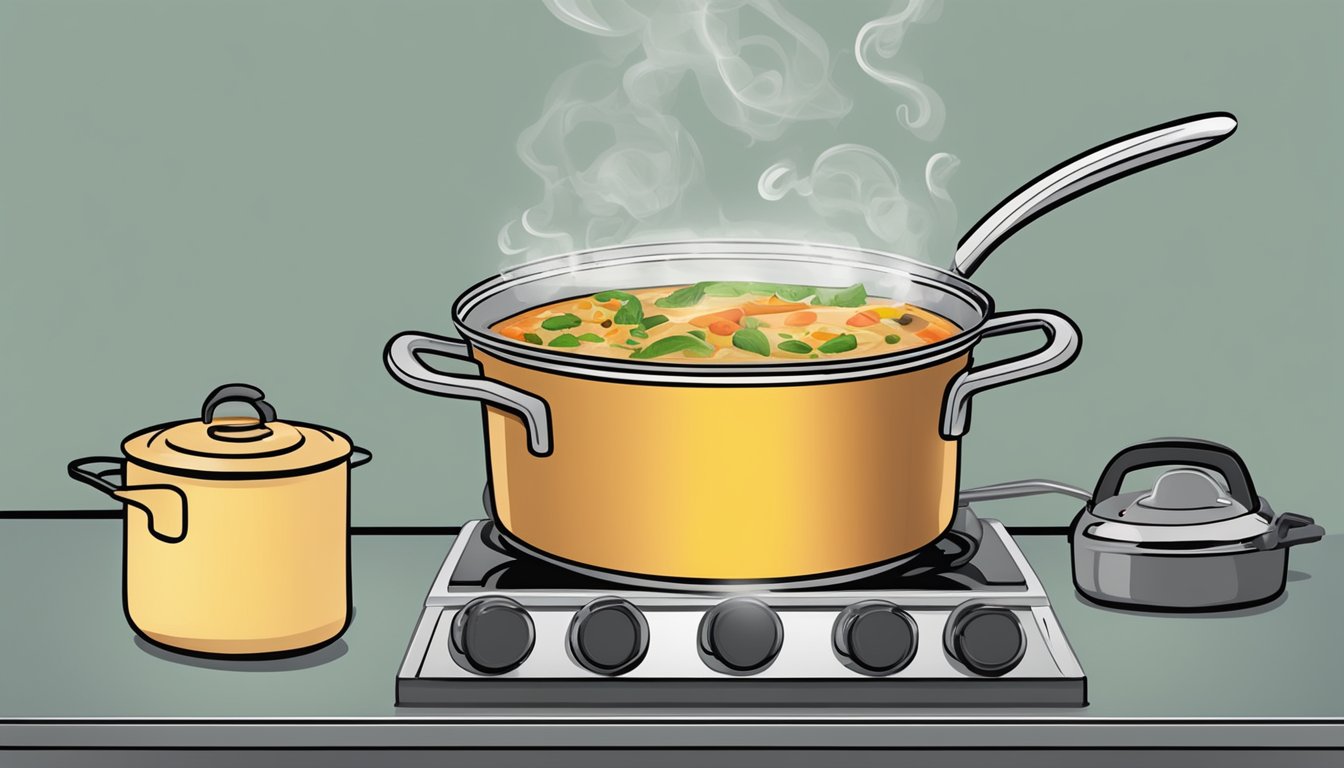 A pot of tortilla soup being heated on a stovetop, steam rising from the bubbling liquid while a thermometer hovers above to ensure proper temperature