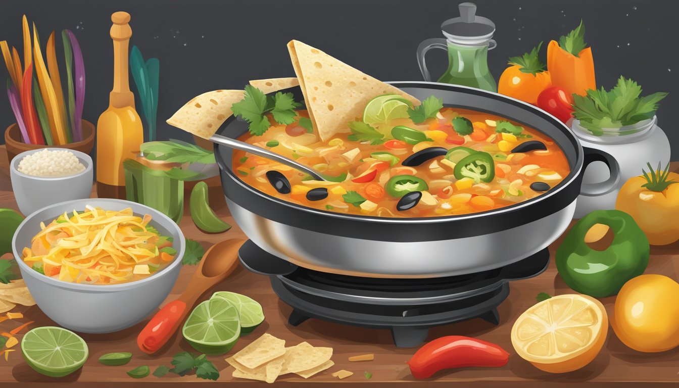 A steaming bowl of tortilla soup sits on a stovetop, surrounded by colorful ingredients and a ladle