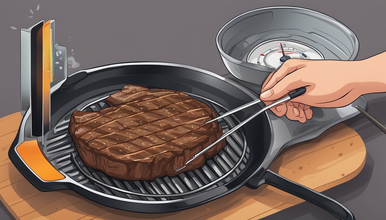 A steak being placed on a grill or in a skillet, with a thermometer nearby