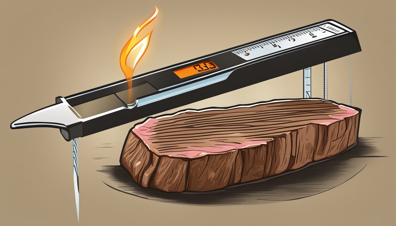 A thermometer inserted into a reheating tri-tip steak