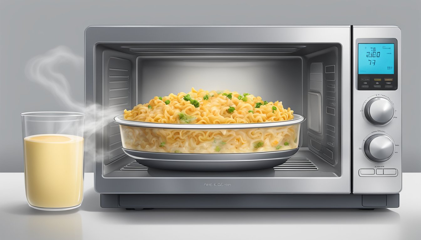 A microwave with a plate of tuna noodle casserole inside, steam rising from the dish