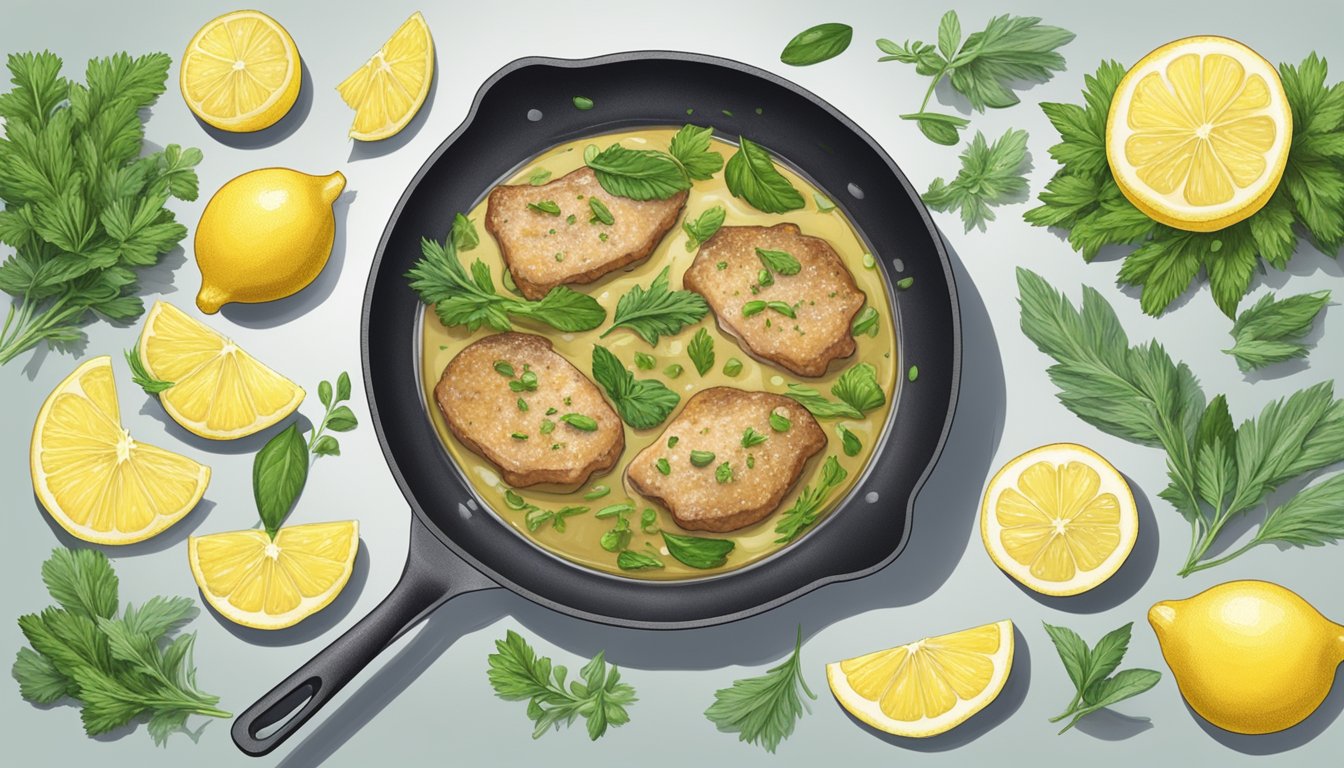 A plate of veal piccata being gently reheated in a skillet, surrounded by fresh herbs and lemon slices