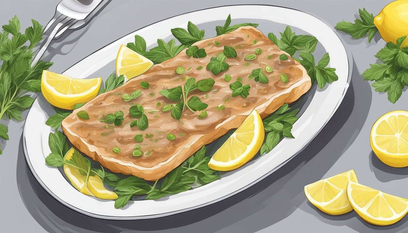 A microwave-safe dish with a cover containing slices of veal piccata, surrounded by fresh herbs and lemon slices