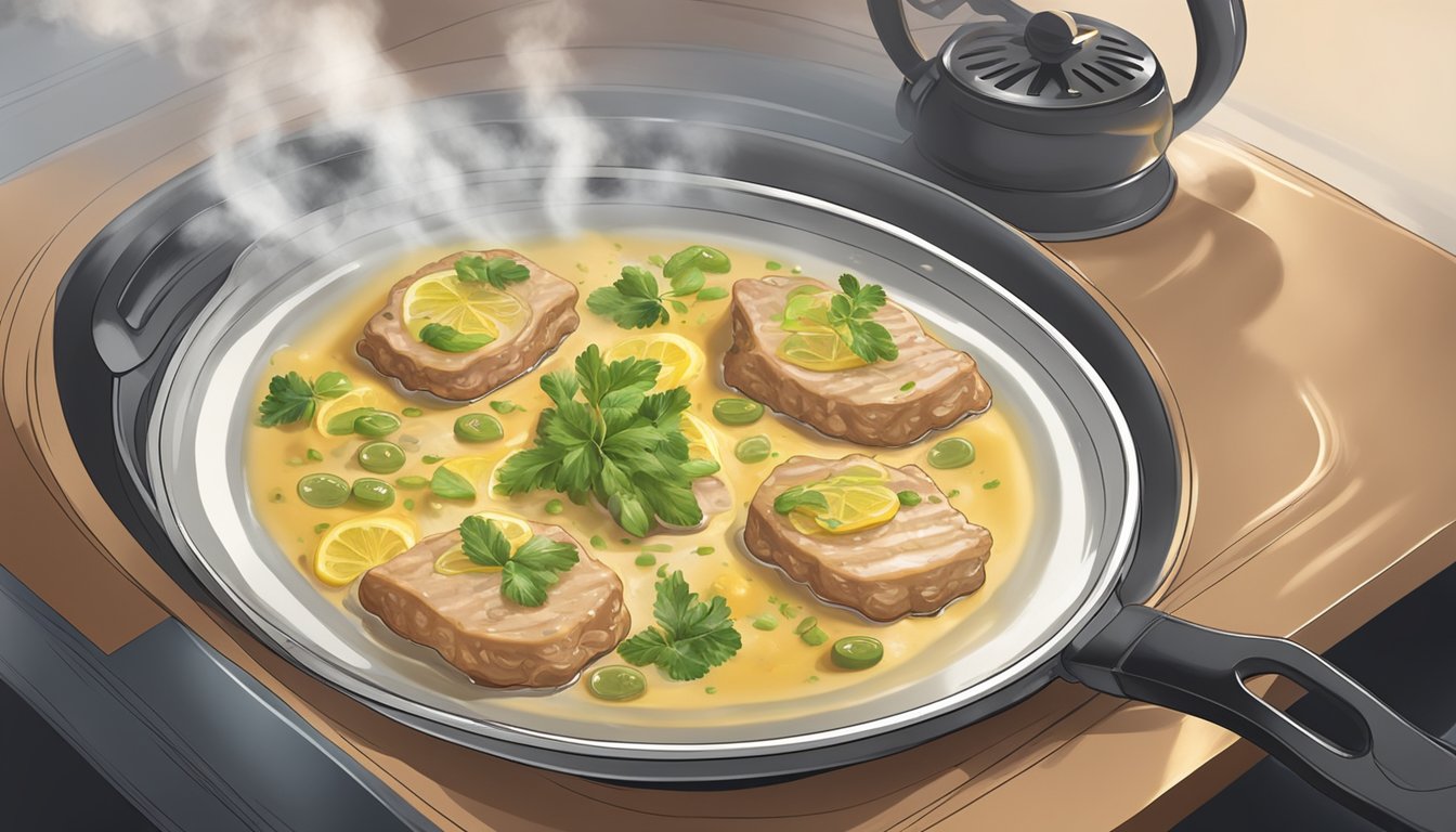 A plate of veal piccata being gently reheated in a skillet, with steam rising and the aroma of the dish filling the air