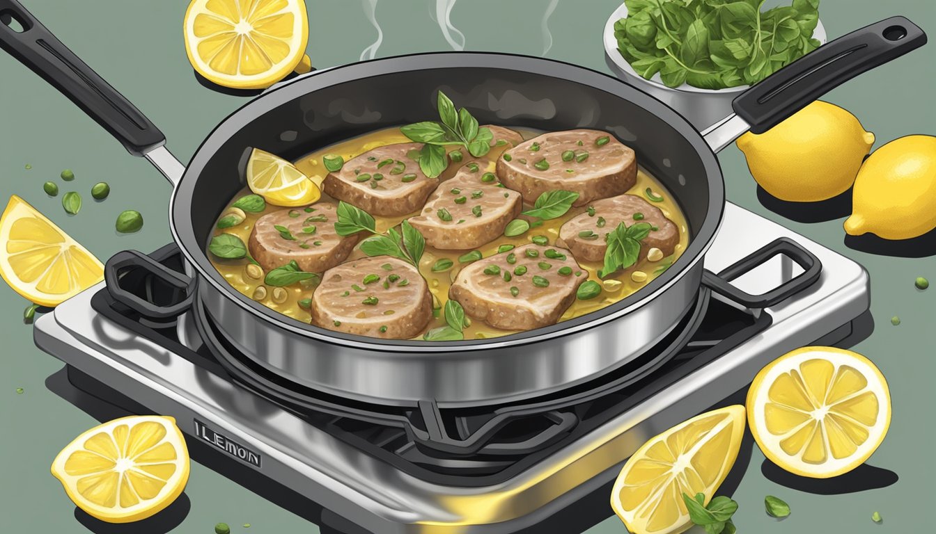 A pan with sizzling veal piccata being reheated on a stovetop. Lemon slices and capers scattered around