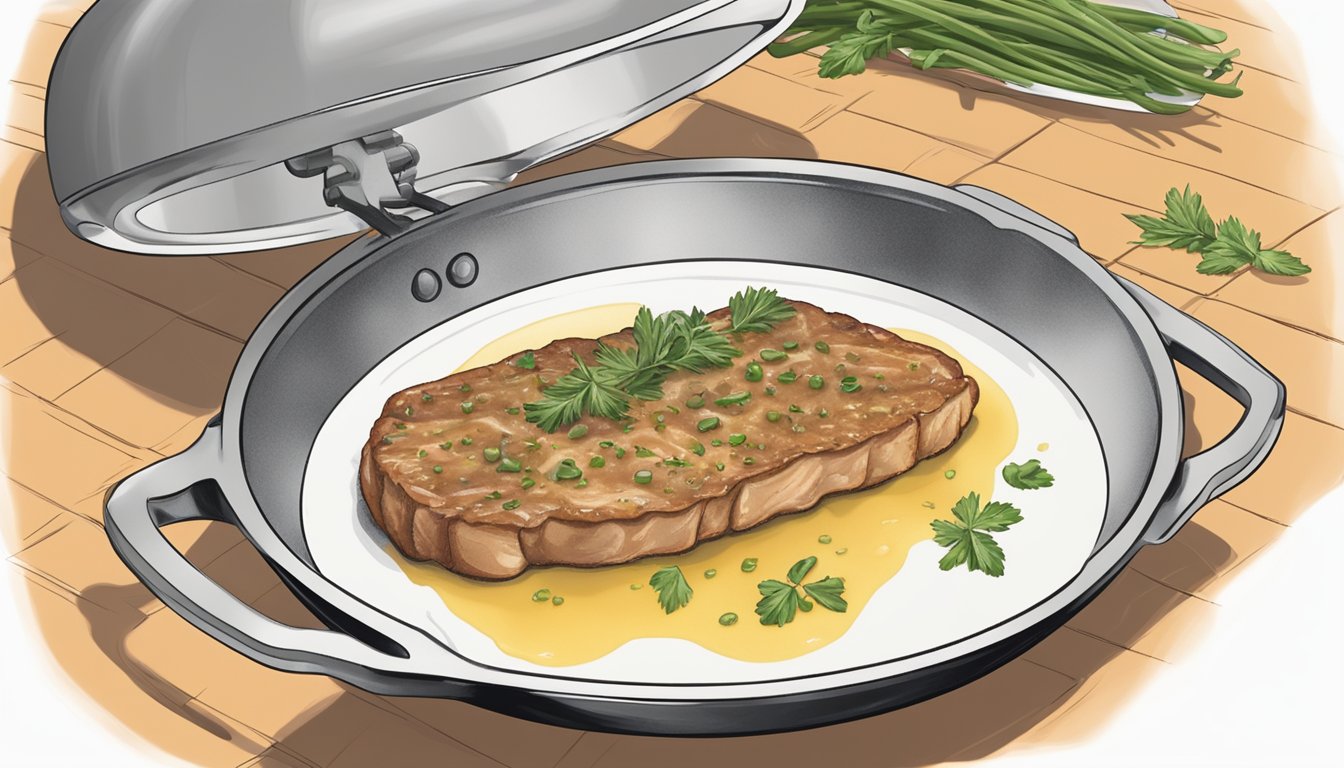 A plate of veal piccata being gently reheated in a skillet over low heat, with a lid partially covering the pan to lock in moisture and preserve tenderness and flavor