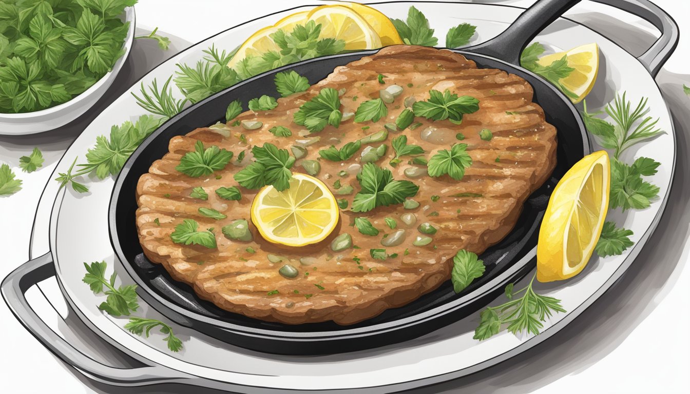 A sizzling skillet with reheated veal piccata, surrounded by fresh herbs and lemon wedges, ready to be served on a white porcelain plate