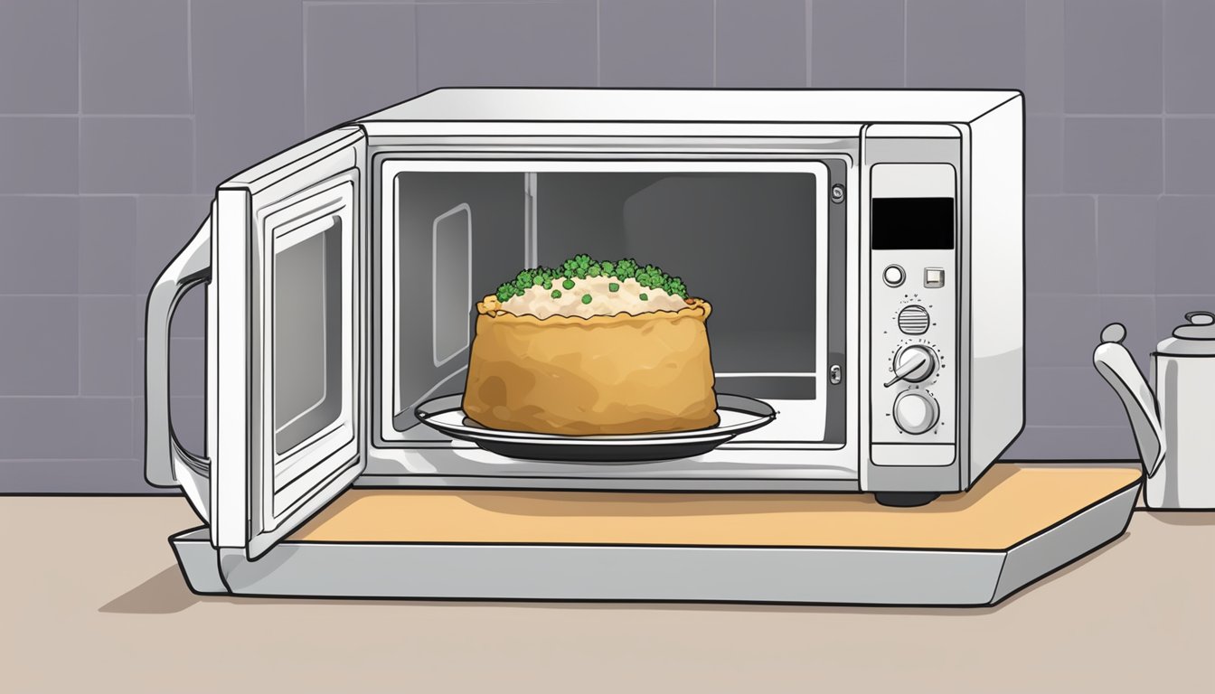 A microwave with a plate of turkey shepherd's pie inside, steam rising from the dish, and a fork resting on the side