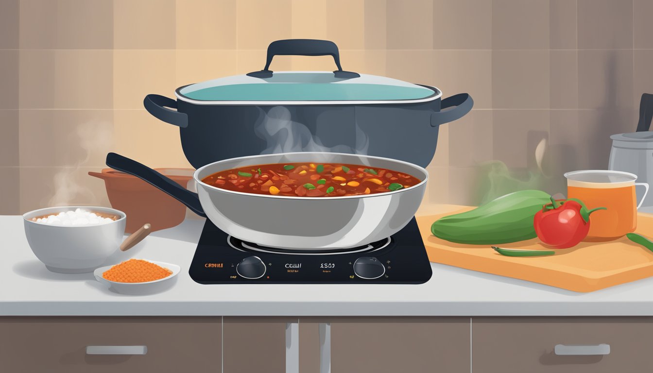 A steaming bowl of turkey chili sits on a stovetop, with a pot of chili and a ladle nearby. Steam rises as the chili is being reheated, optimizing its flavor