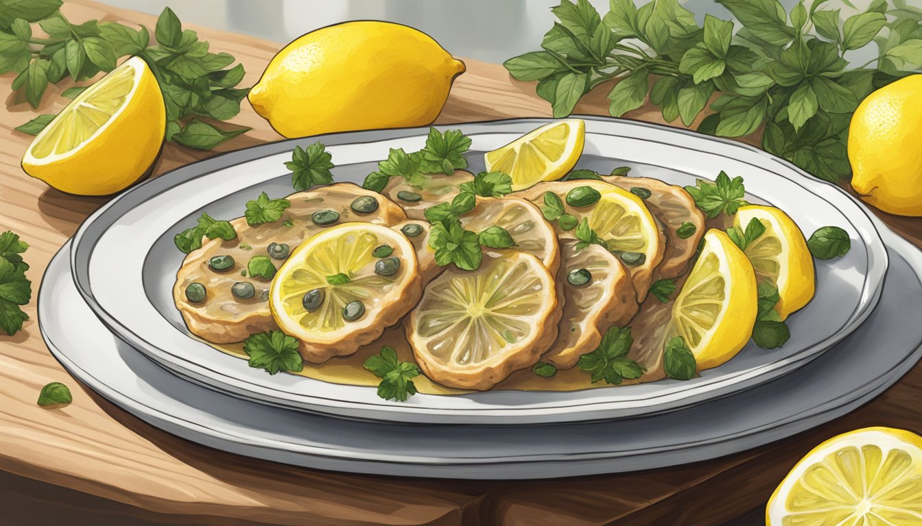 A steaming hot veal piccata is carefully placed onto a serving platter, surrounded by vibrant lemon slices and fresh herbs. A small dish of capers sits nearby, ready to be sprinkled on top