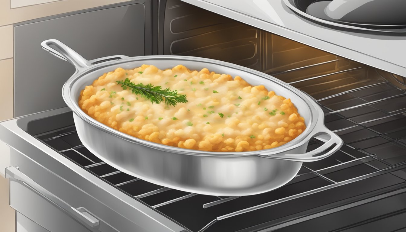 A steaming turkey shepherd's pie being gently reheated in the oven, with the aroma of savory herbs and spices filling the kitchen