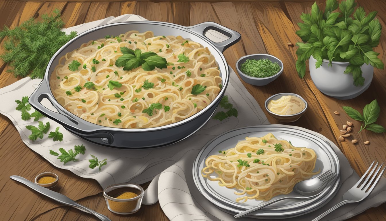 A steaming dish of turkey tetrazzini sits on a rustic wooden table, surrounded by scattered herbs and spices. A fork rests beside the plate, ready for a delicious meal