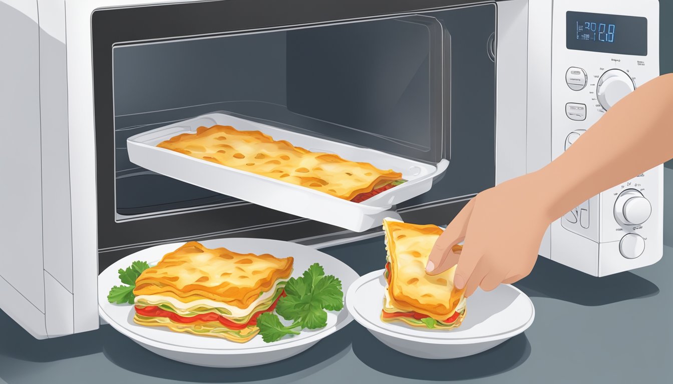 A person placing a slice of vegetable lasagna on a microwave-safe plate and covering it with a microwave-safe cover before heating it in the microwave