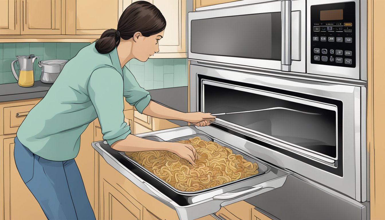 A person placing a dish of turkey tetrazzini into a microwave, setting the timer, and then removing the hot dish with oven mitts