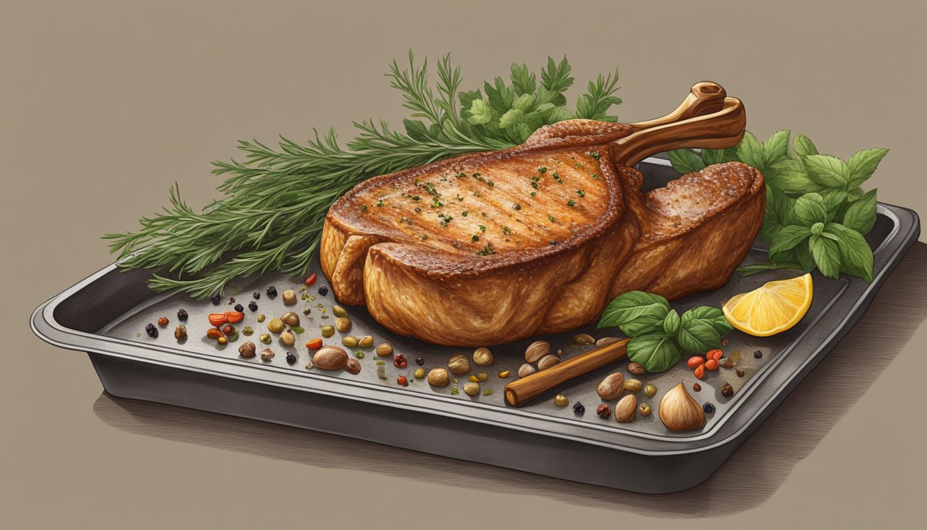 A golden-brown veal chop sits on a baking tray inside a preheated oven, surrounded by aromatic herbs and spices