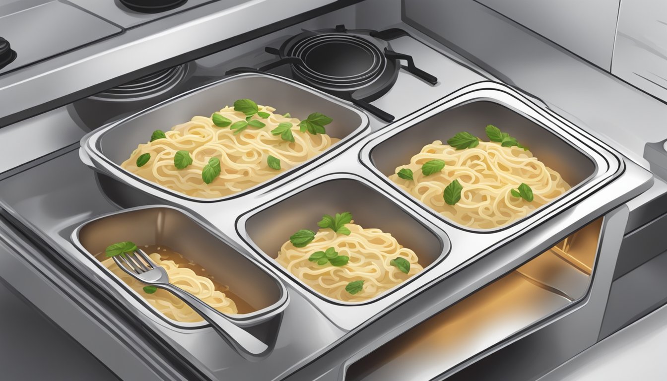 A steaming dish of turkey tetrazzini being gently reheated in the oven, with the aroma of herbs and creamy sauce filling the kitchen