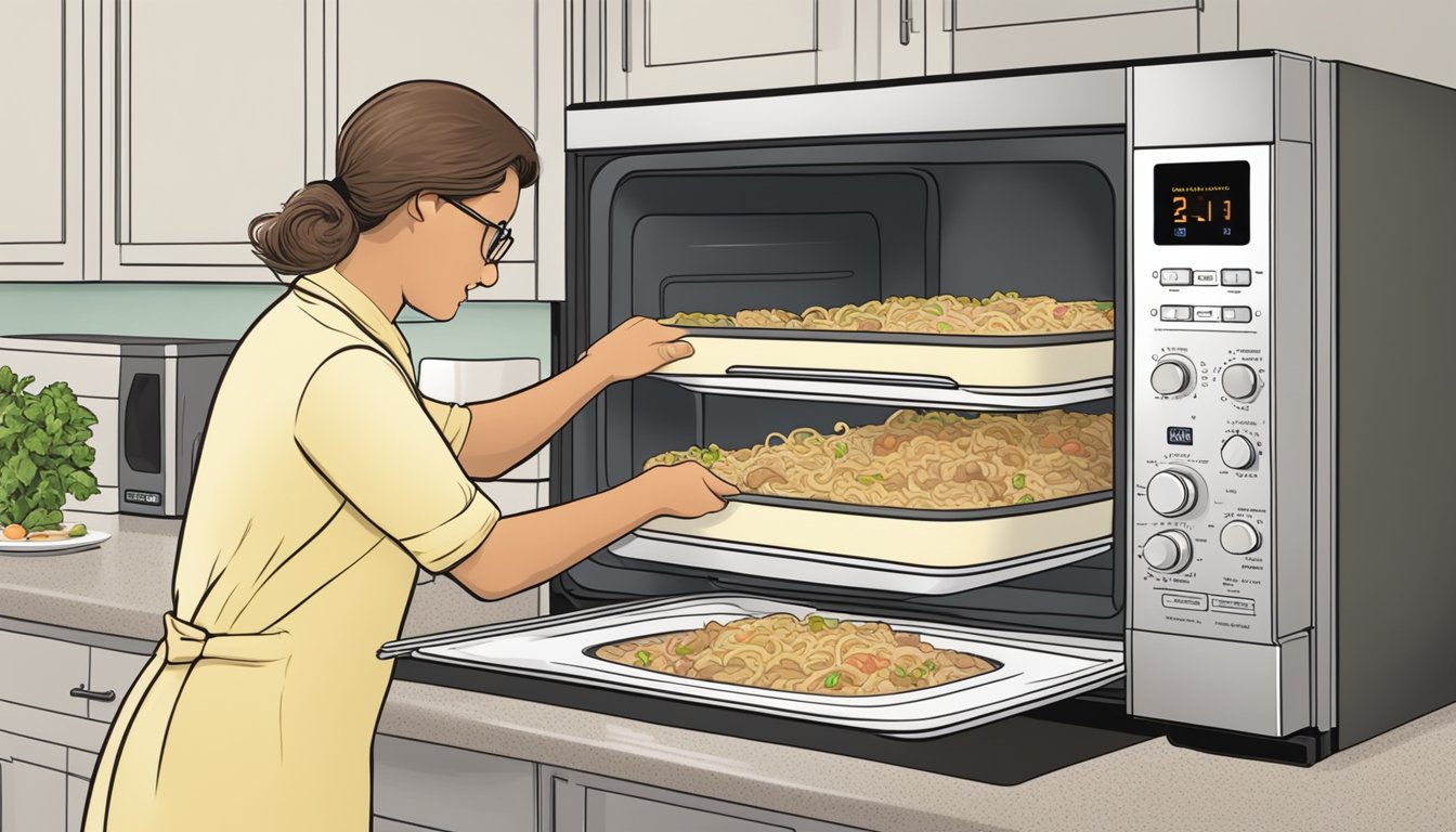 A person placing a covered dish of turkey tetrazzini into the microwave