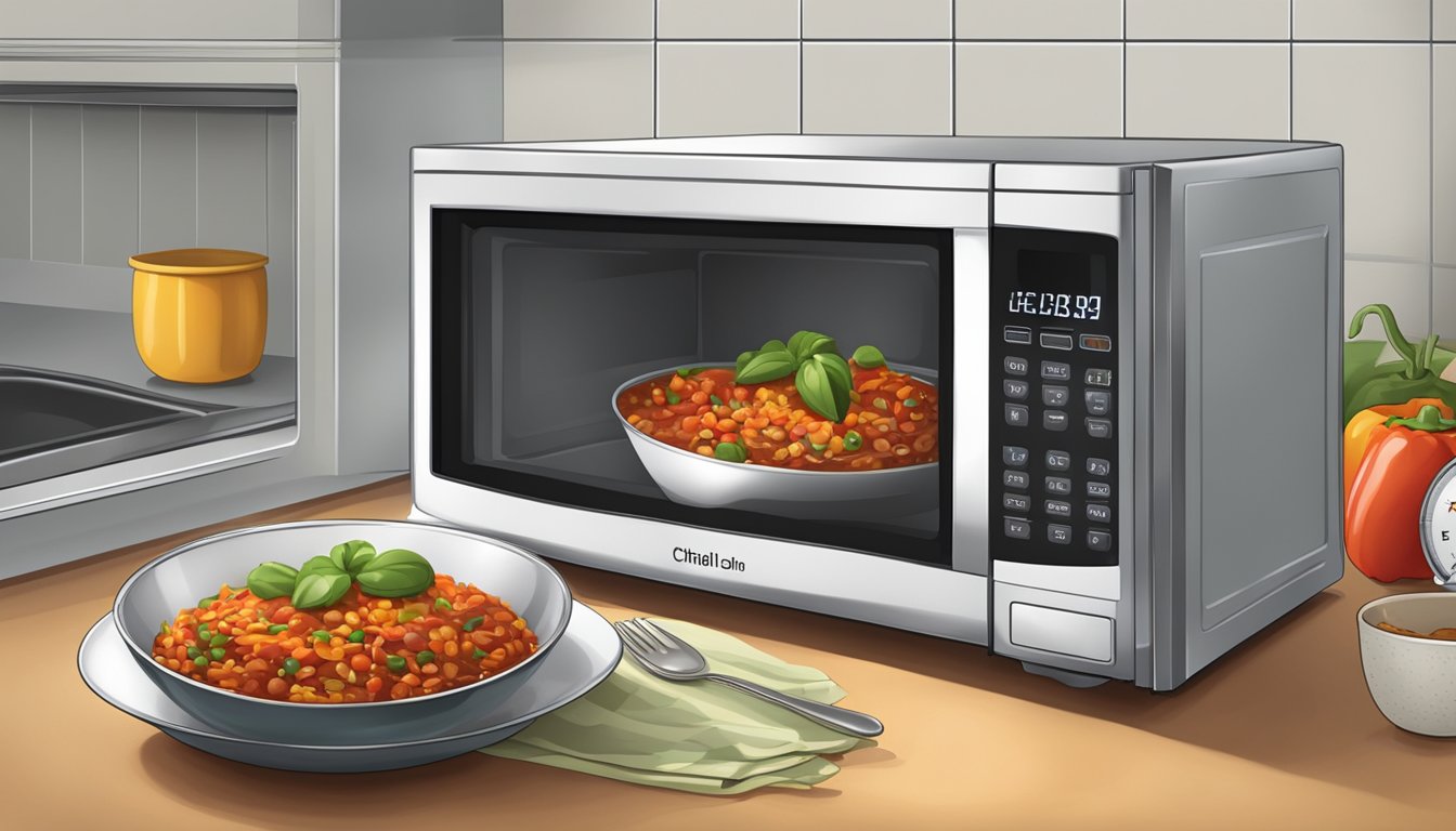 A microwave with a bowl of vegetarian chili inside, the digital timer counting down