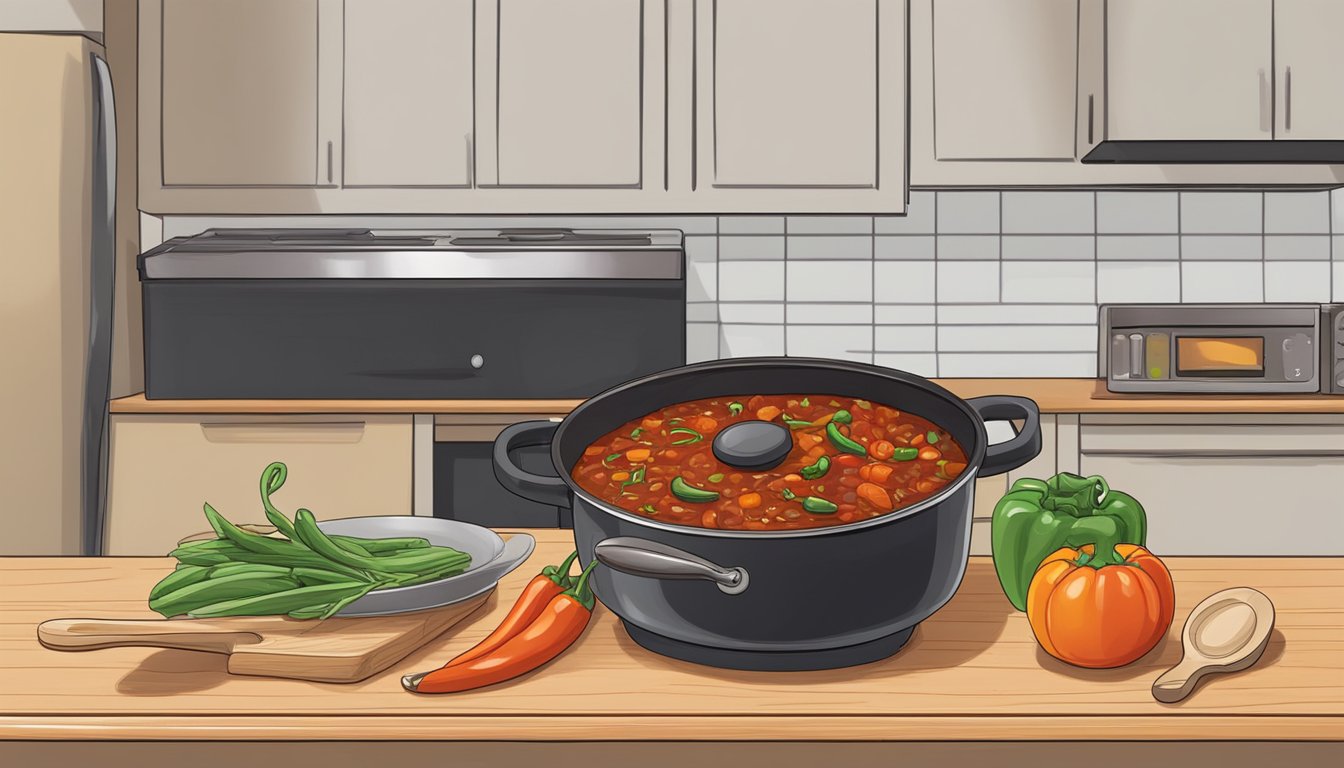 A pot of vegetarian chili sits on a stovetop, with a lid next to it. A wooden spoon rests on the counter nearby