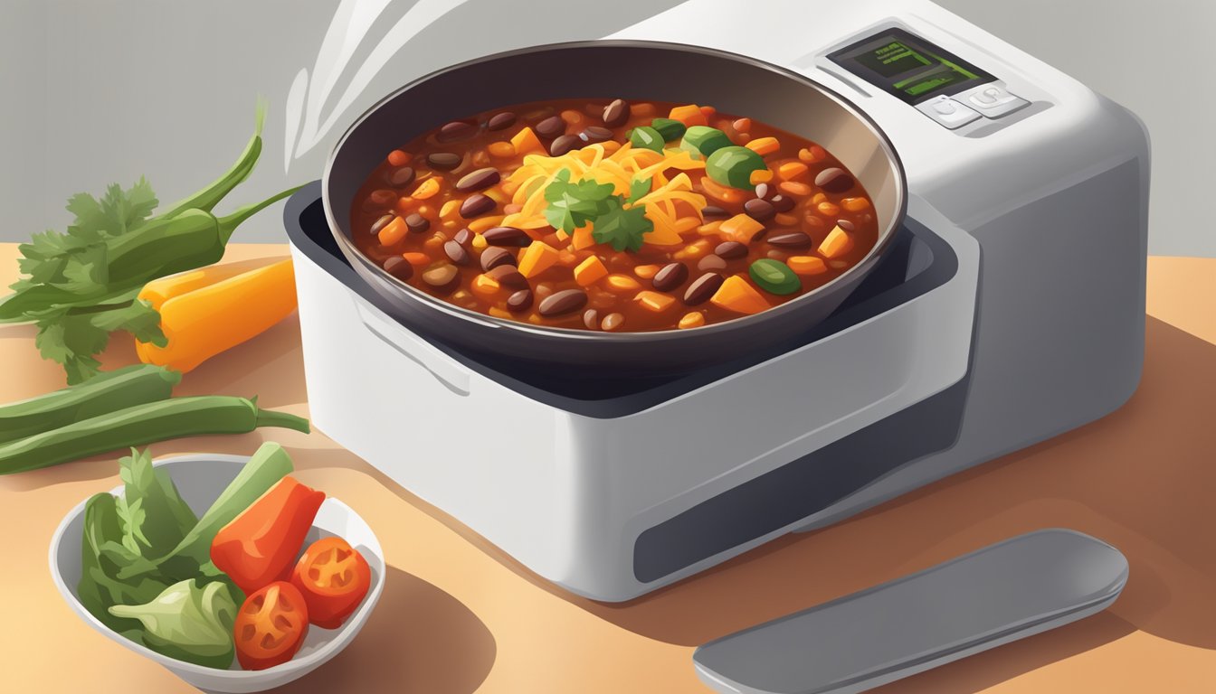 A steaming bowl of vegetarian chili being reheated in a microwave, with vibrant chunks of vegetables and beans visible in the rich, aromatic sauce