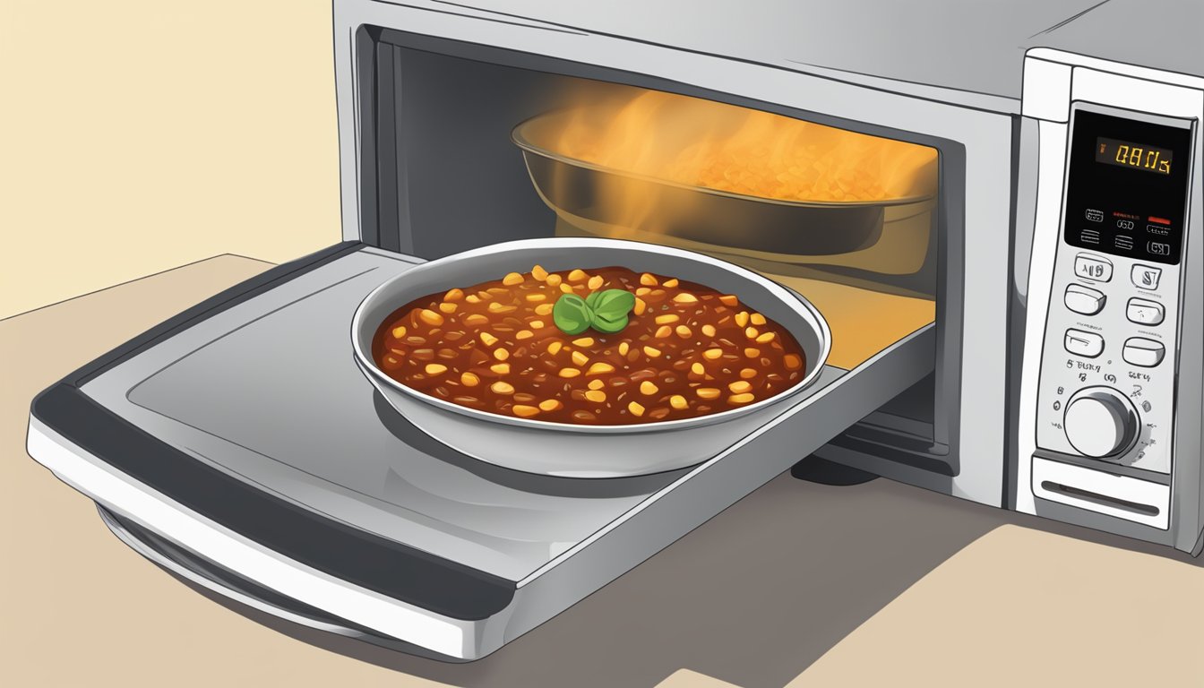 A bowl of vegetarian chili being reheated in a microwave