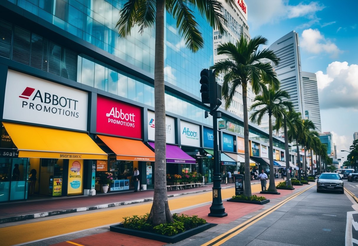 A bustling city street in Singapore, with a modern office building adorned with the Abbott Promotions logo. Palm trees and colorful storefronts line the sidewalk