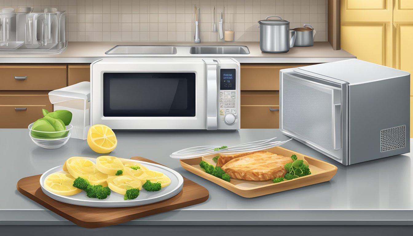 A kitchen counter with a sealed container of veal francese, a refrigerator, and a microwave