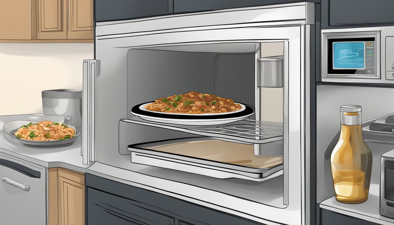 A plate of veal marsala covered with a lid in a refrigerator. A microwave next to it with a bowl of reheated veal marsala