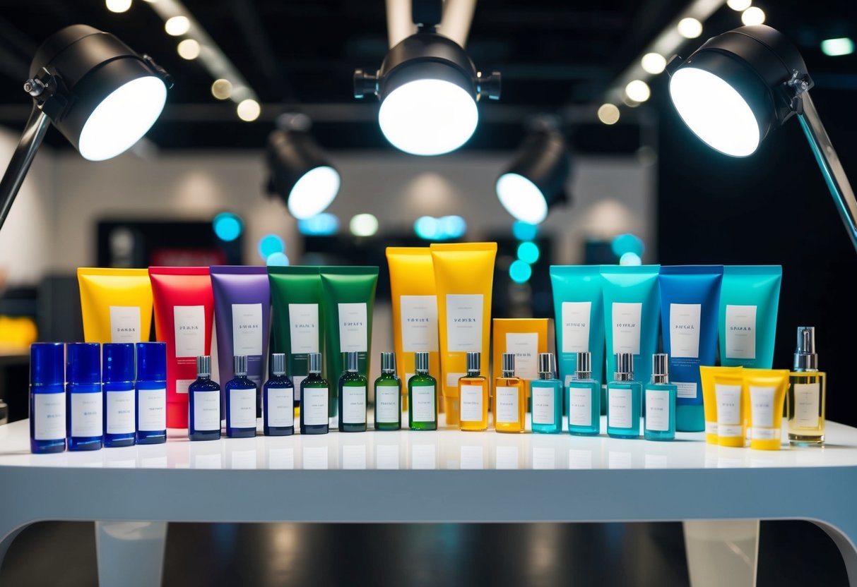 A colorful display of new products arranged on a sleek, modern table with spotlights highlighting each item