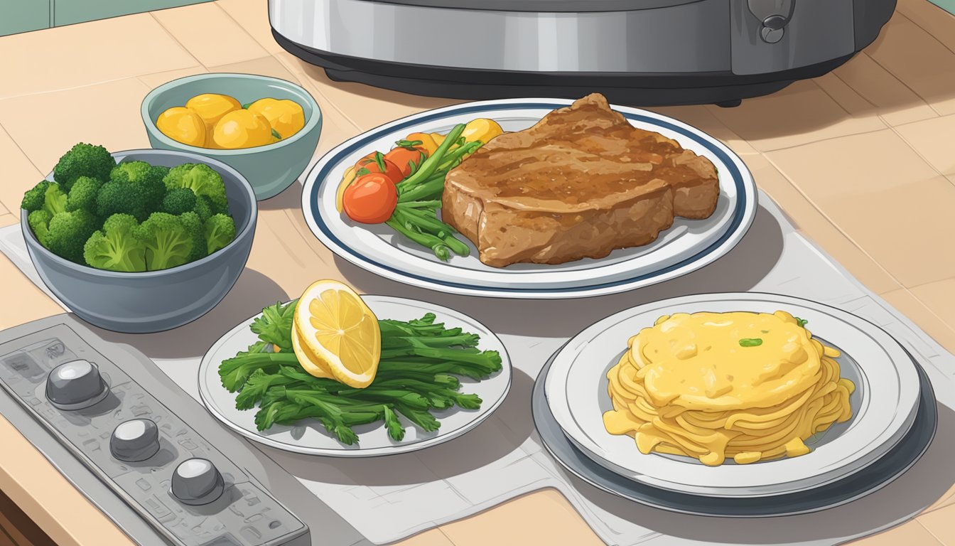 A plate of veal francese sits on a counter next to a microwave and a bowl of steamed vegetables