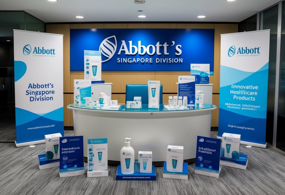 A modern office setting with sleek and innovative healthcare products on display, surrounded by promotional materials and branding for Abbott's Singapore division