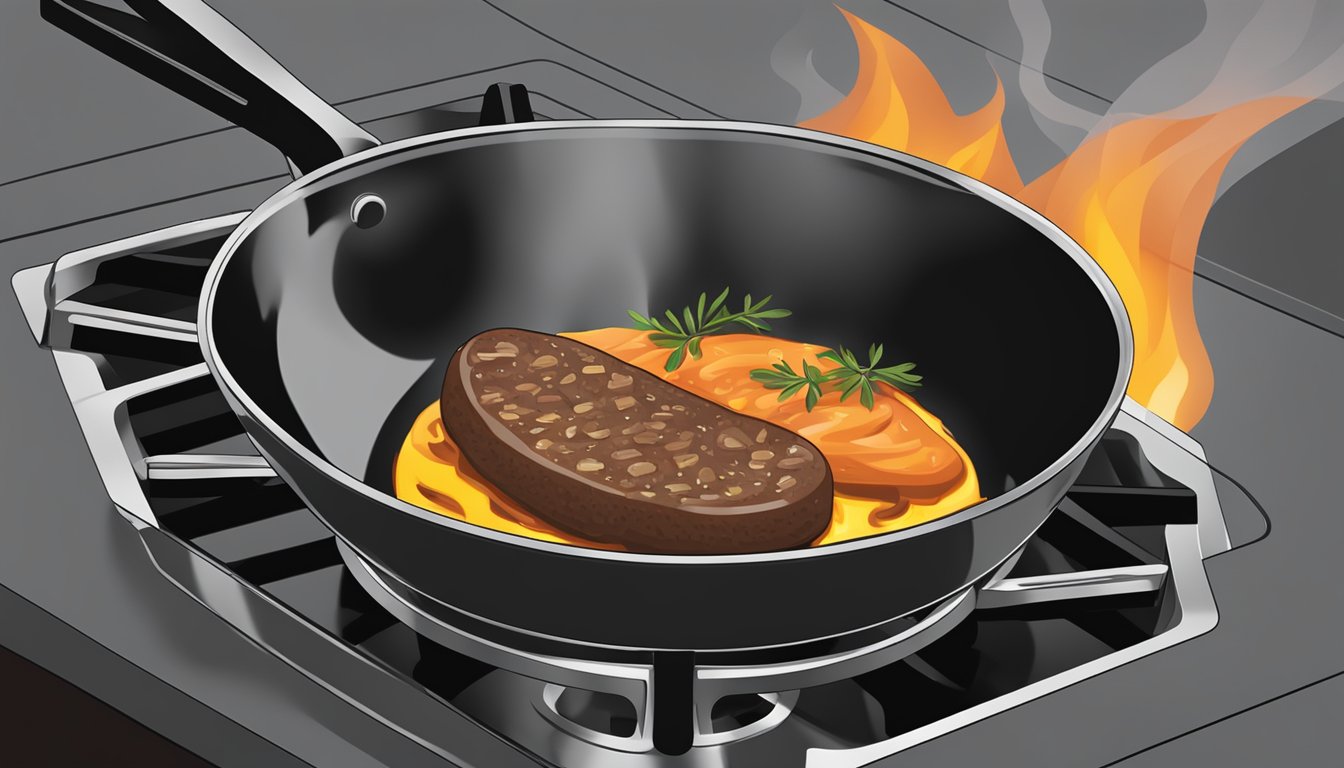 A skillet sizzling with reheating venison sausage over a stovetop flame