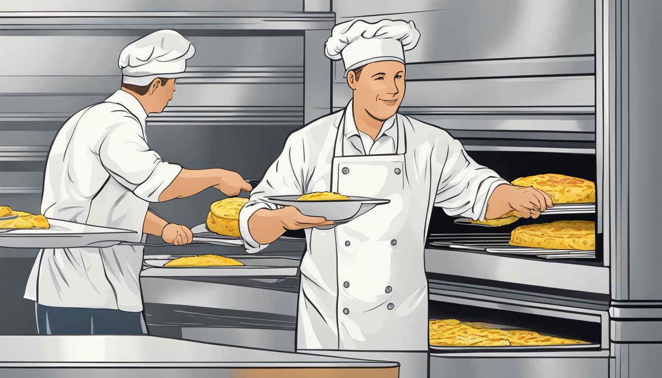 A plate of veal francese being placed inside a preheated oven