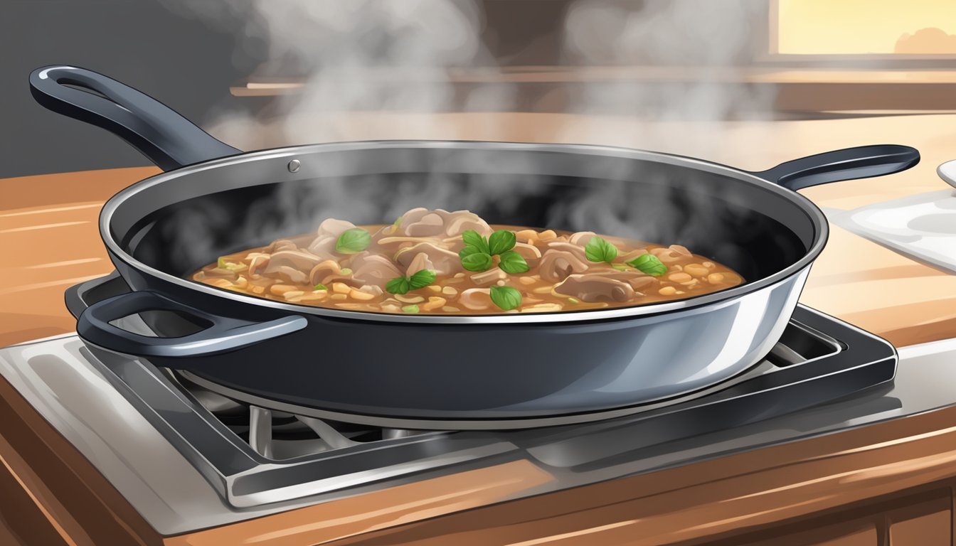 A steaming plate of veal marsala being heated in a skillet, with the rich aroma of the dish filling the kitchen