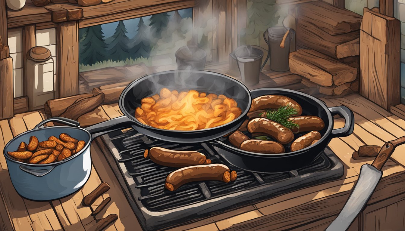 A rustic kitchen with a cast iron skillet sizzling venison sausages over a crackling fire