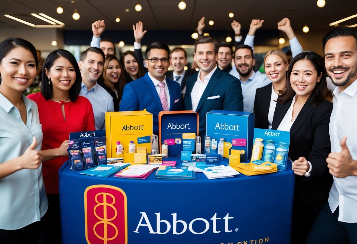 A colorful display of promotional items with the Abbott logo, surrounded by excited customers and staff