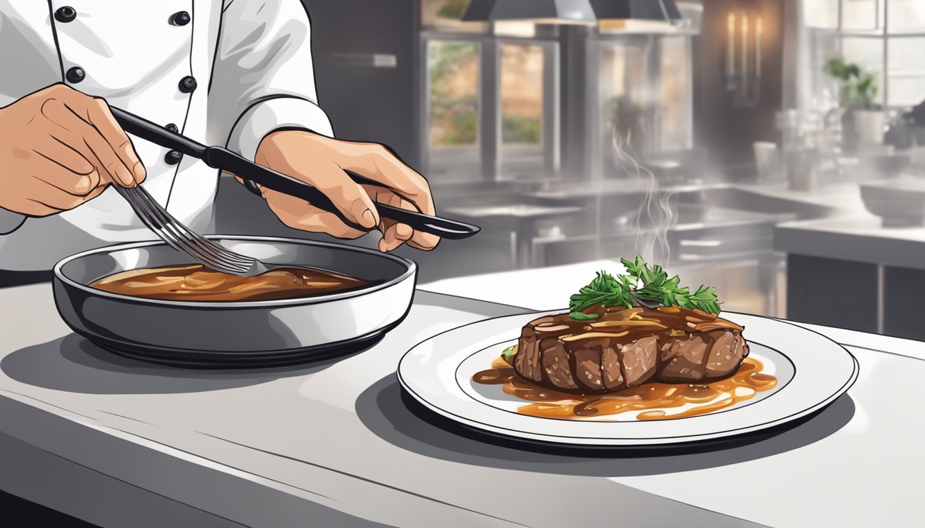 A chef placing a sizzling veal marsala dish on a white plate with garnish and a drizzle of sauce, ready for presentation